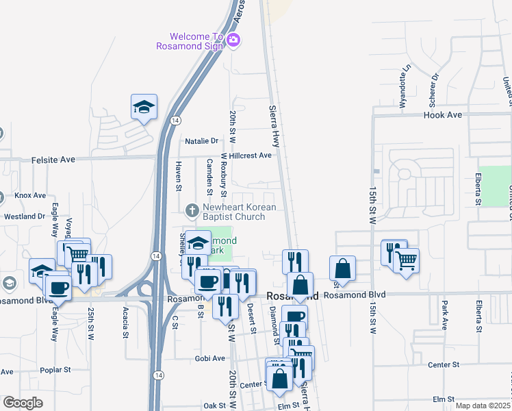 map of restaurants, bars, coffee shops, grocery stores, and more near 3303 Sierra Highway in Rosamond