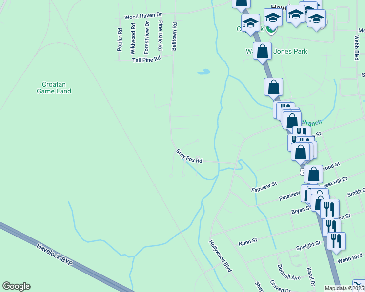 map of restaurants, bars, coffee shops, grocery stores, and more near 431 Foxhunt Lane in Havelock