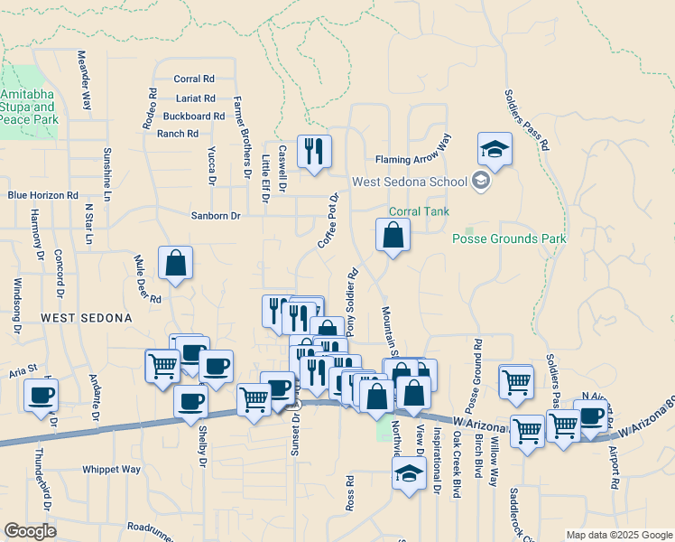 map of restaurants, bars, coffee shops, grocery stores, and more near 80 Grounds Dr in Sedona