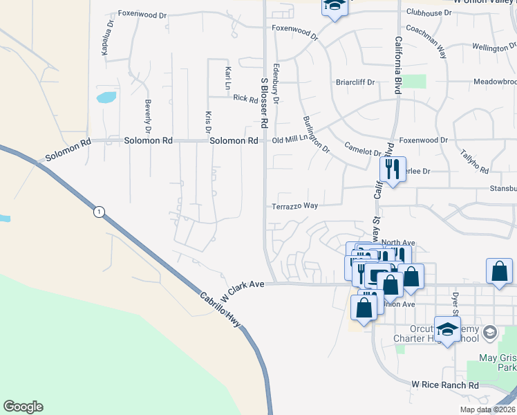 map of restaurants, bars, coffee shops, grocery stores, and more near 4715 South Blosser Road in Santa Maria