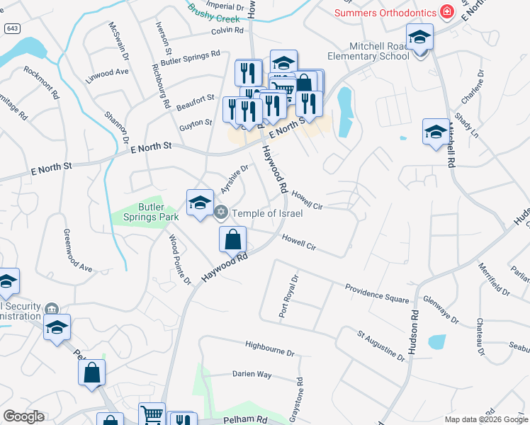 map of restaurants, bars, coffee shops, grocery stores, and more near 10 Setfair Lane in Greenville