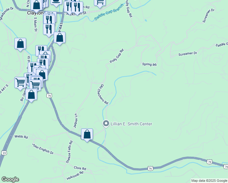 map of restaurants, bars, coffee shops, grocery stores, and more near 104 Morning Dew Lane in Clayton