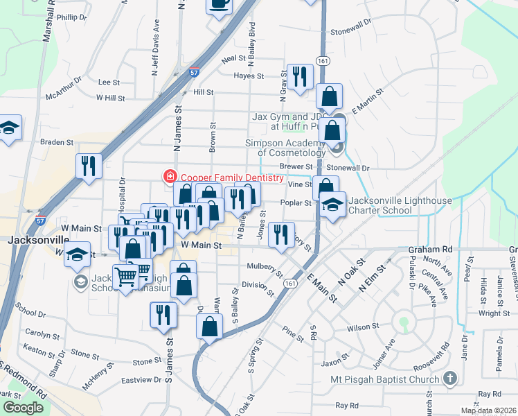 map of restaurants, bars, coffee shops, grocery stores, and more near 216 Jones Street in Jacksonville