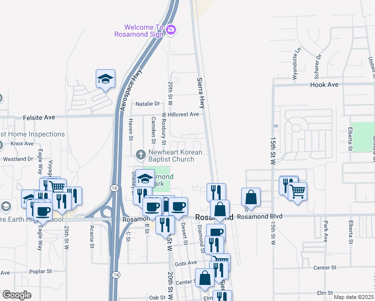 map of restaurants, bars, coffee shops, grocery stores, and more near in Rosamond