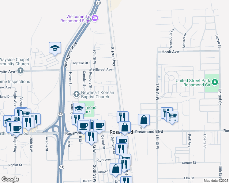 map of restaurants, bars, coffee shops, grocery stores, and more near 3303 Sierra Highway in Rosamond