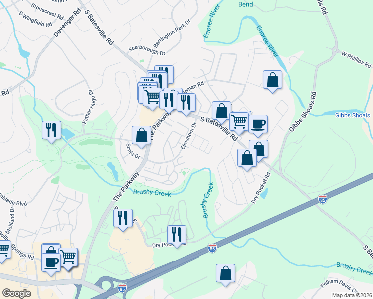 map of restaurants, bars, coffee shops, grocery stores, and more near 907 Pelham Square Way in Greer