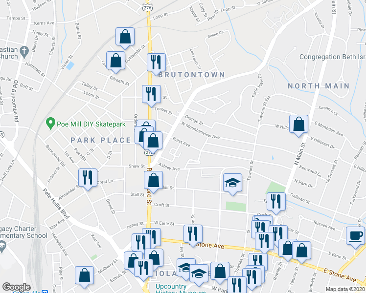 map of restaurants, bars, coffee shops, grocery stores, and more near 211 Buist Avenue in Greenville
