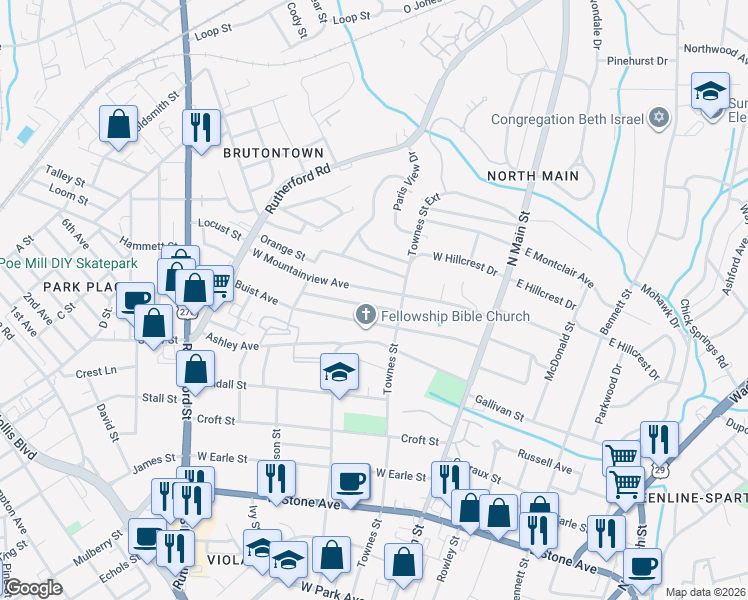 map of restaurants, bars, coffee shops, grocery stores, and more near 113 West Mountainview Avenue in Greenville