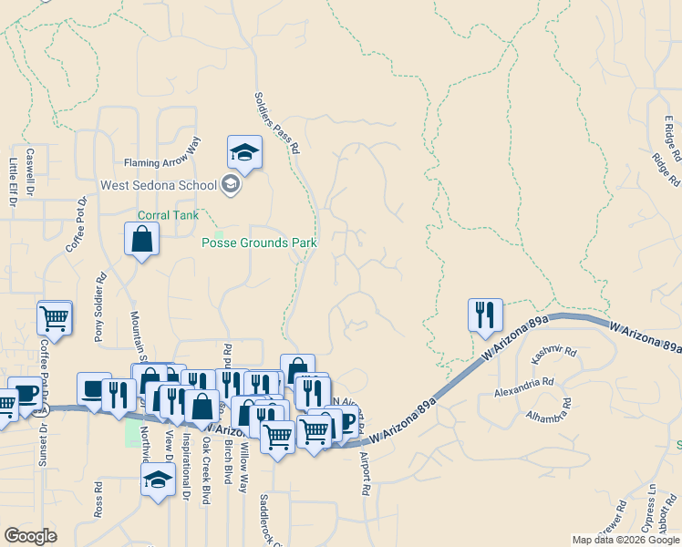 map of restaurants, bars, coffee shops, grocery stores, and more near 115 Calle Irena in Sedona