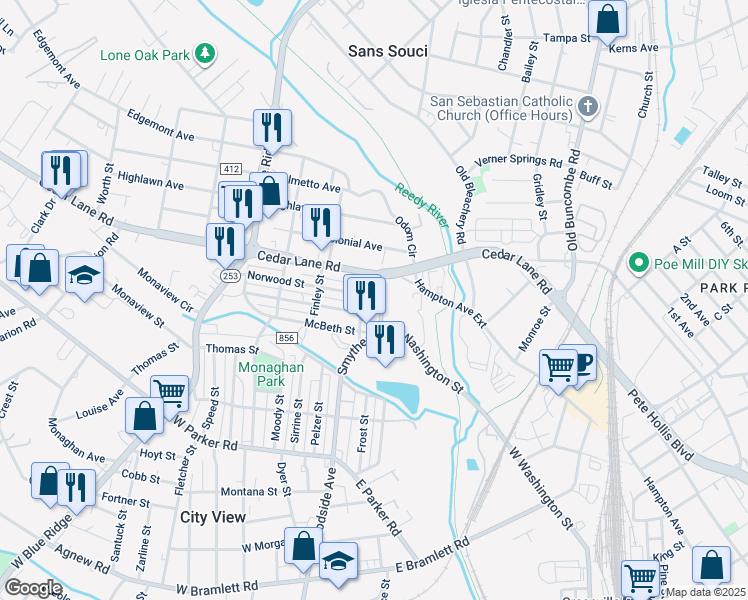 map of restaurants, bars, coffee shops, grocery stores, and more near 108 Smythe Street in Greenville