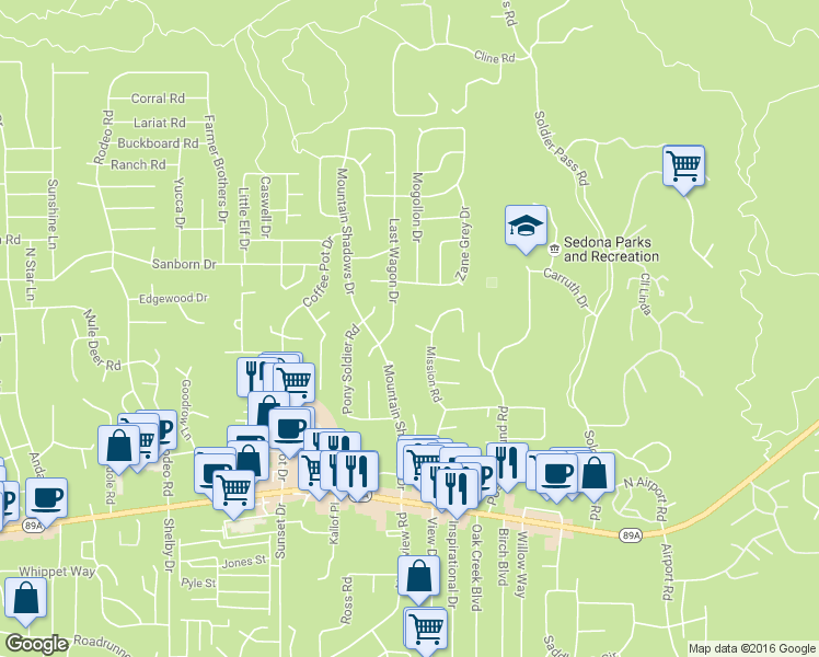 map of restaurants, bars, coffee shops, grocery stores, and more near 25 San Jose Circle in Sedona