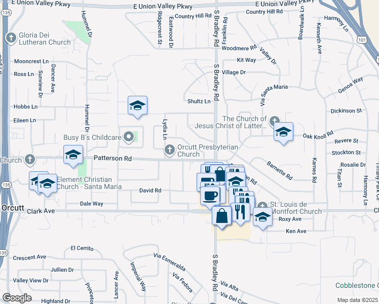 map of restaurants, bars, coffee shops, grocery stores, and more near 1012 Diamond Drive in Santa Maria