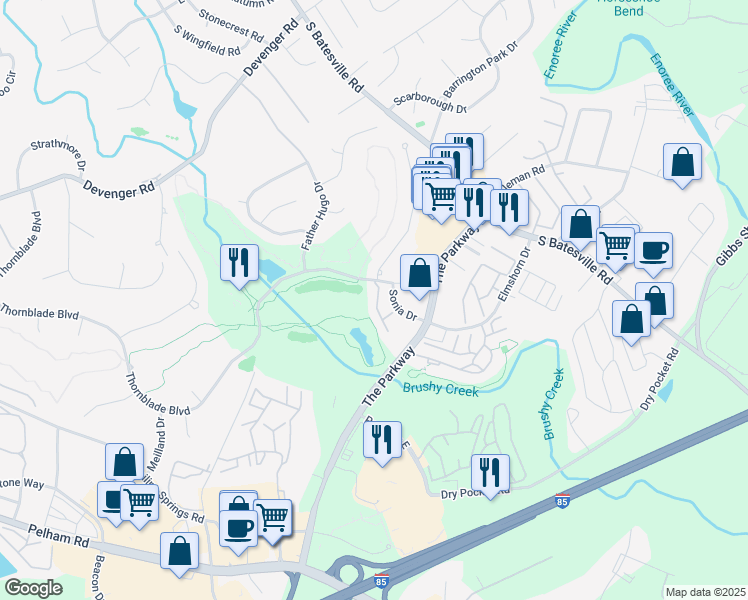 map of restaurants, bars, coffee shops, grocery stores, and more near 10 Thornblade Boulevard in Greer