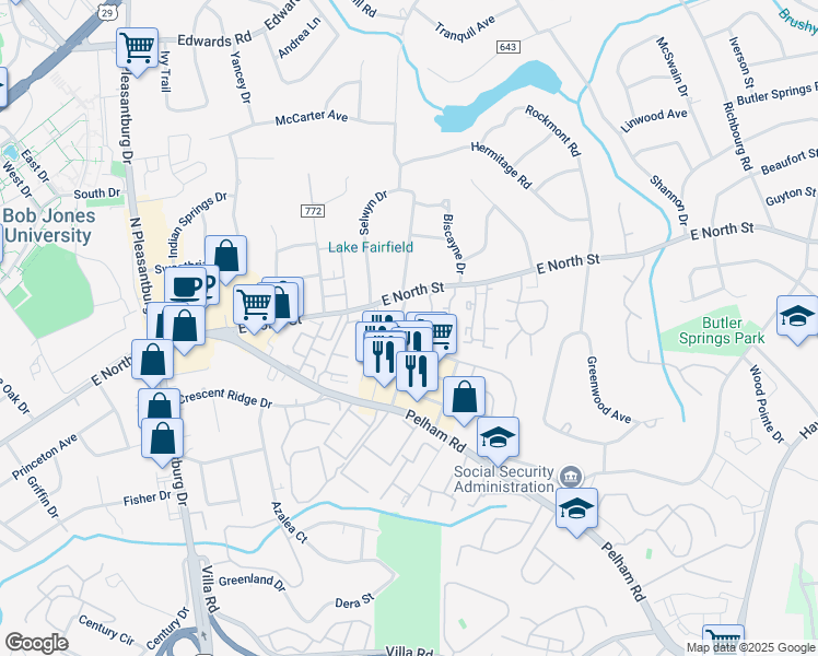 map of restaurants, bars, coffee shops, grocery stores, and more near 15435 East North Street in Greenville