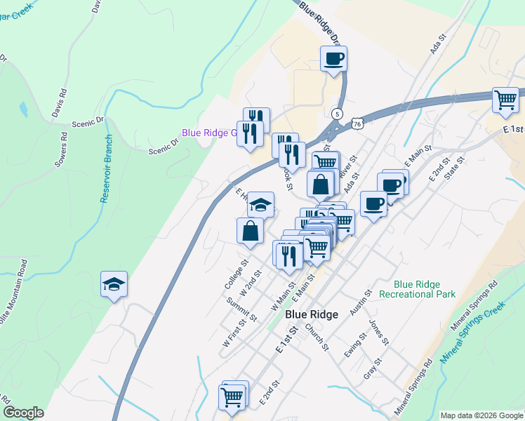 map of restaurants, bars, coffee shops, grocery stores, and more near 224 East Highland Street in Blue Ridge