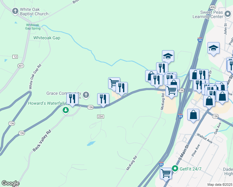 map of restaurants, bars, coffee shops, grocery stores, and more near 4645 Georgia 136 in Trenton