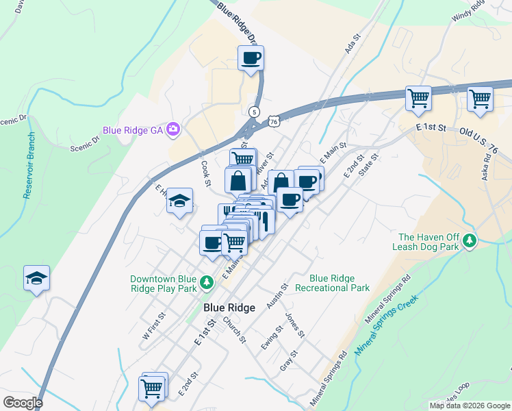 map of restaurants, bars, coffee shops, grocery stores, and more near 30 Ada Street in Blue Ridge