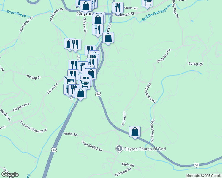 map of restaurants, bars, coffee shops, grocery stores, and more near 108 Bulldog Lane in Clayton