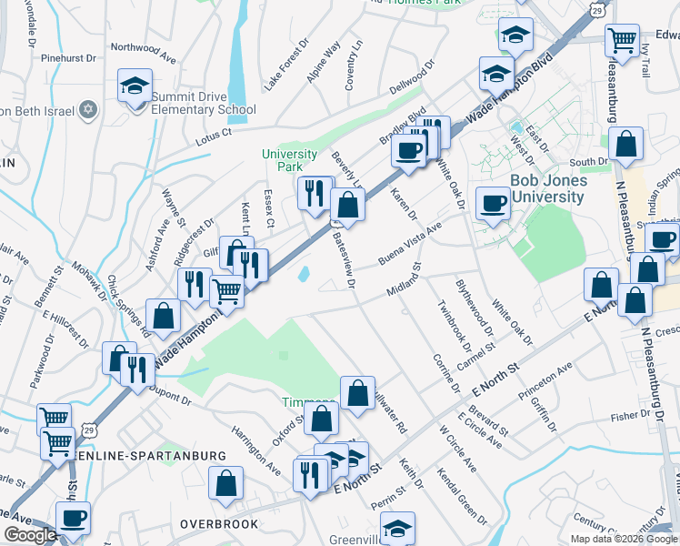 map of restaurants, bars, coffee shops, grocery stores, and more near 223 Batesview Drive in Greenville