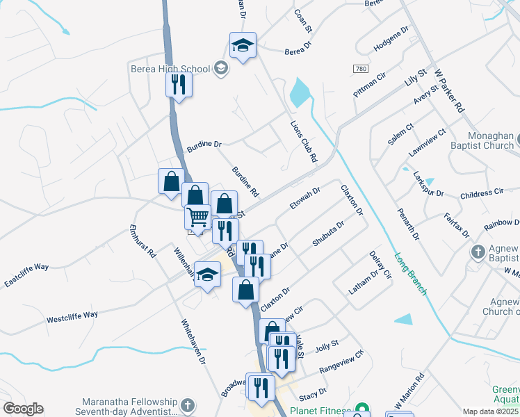 map of restaurants, bars, coffee shops, grocery stores, and more near 423 Lily Street in Greenville