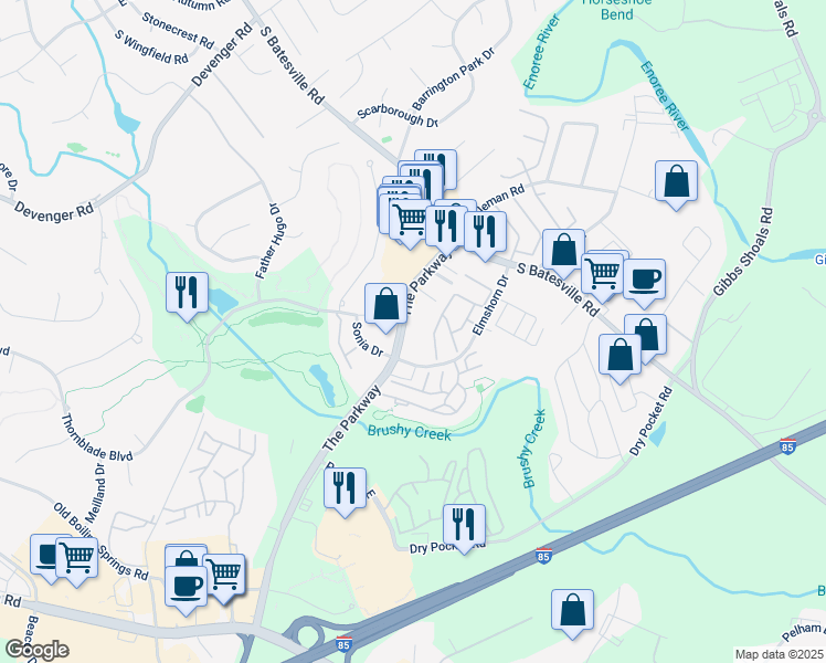 map of restaurants, bars, coffee shops, grocery stores, and more near 310 The Parkway in Greer