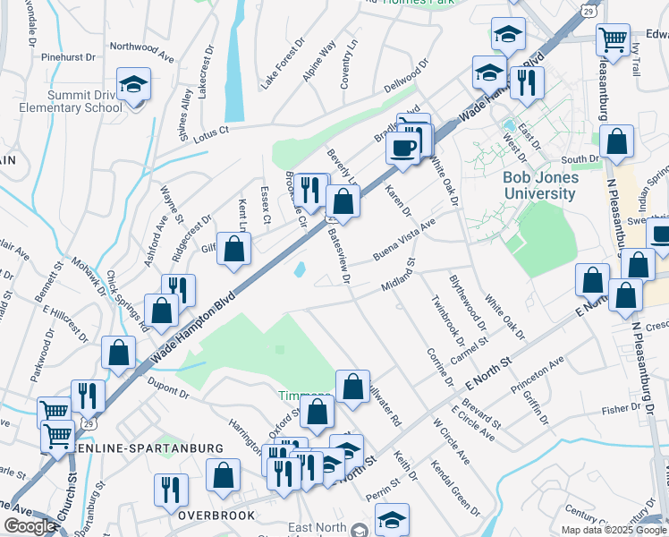 map of restaurants, bars, coffee shops, grocery stores, and more near 223 Batesview Drive in Greenville