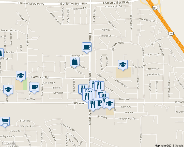 map of restaurants, bars, coffee shops, grocery stores, and more near 4682 South Bradley Road in Santa Maria