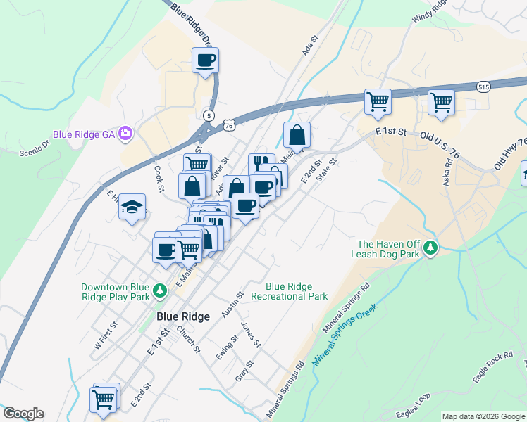 map of restaurants, bars, coffee shops, grocery stores, and more near 3608 East 1st Street in Blue Ridge
