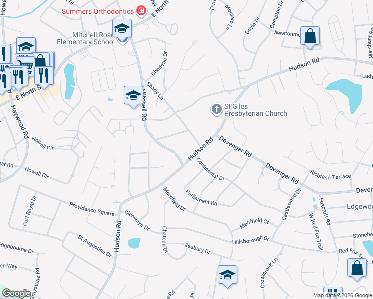 map of restaurants, bars, coffee shops, grocery stores, and more near 807 Hudson Road in Greenville