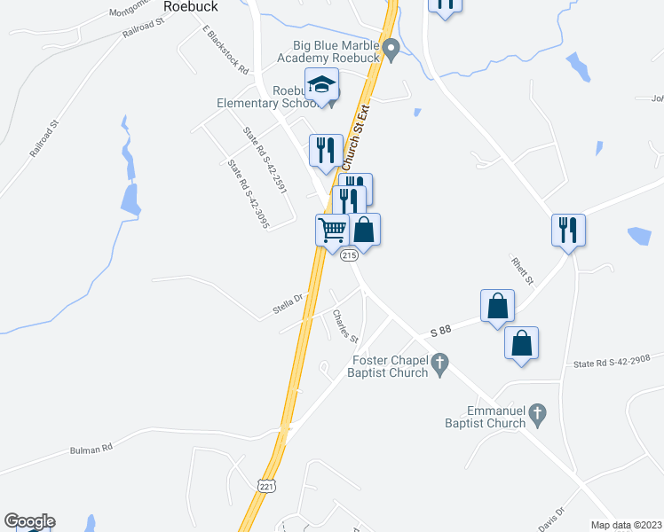 map of restaurants, bars, coffee shops, grocery stores, and more near 4825 U.S. 221 in Roebuck