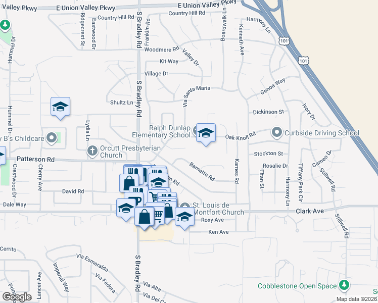 map of restaurants, bars, coffee shops, grocery stores, and more near 1212 Royal Oak Road in Santa Maria
