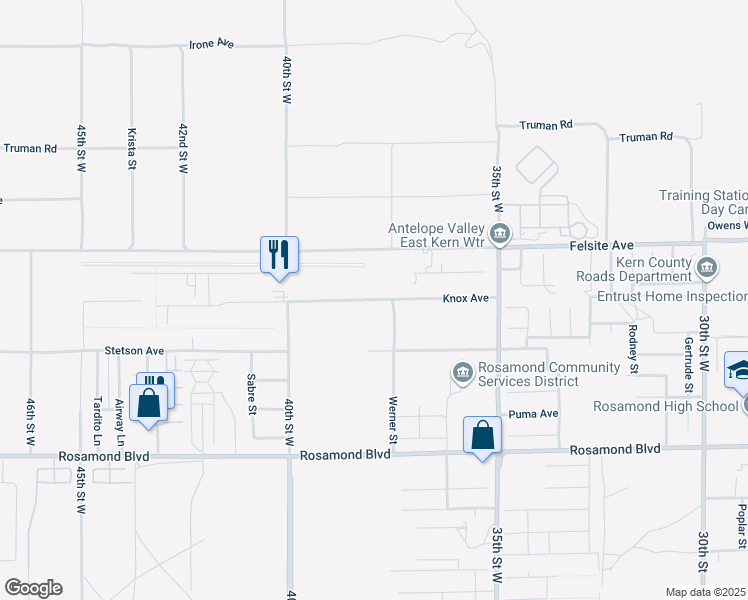 map of restaurants, bars, coffee shops, grocery stores, and more near Knox Avenue in Rosamond