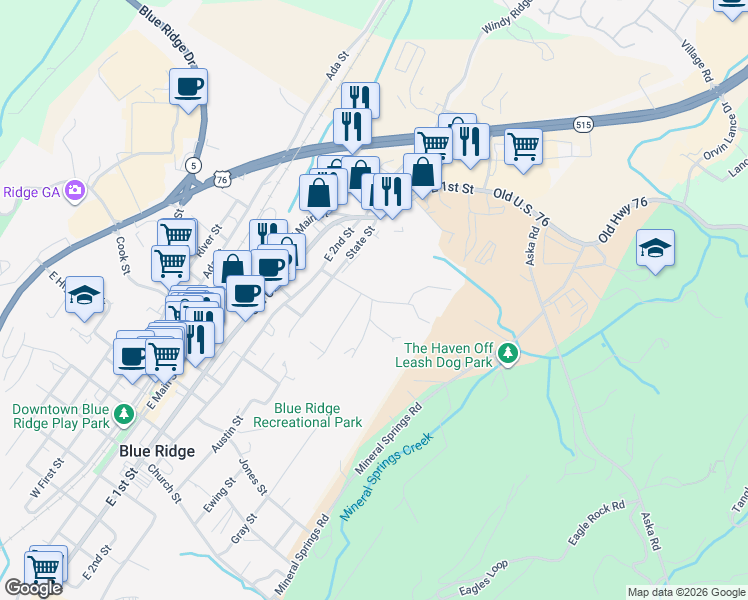 map of restaurants, bars, coffee shops, grocery stores, and more near 32 Ridge Street in Blue Ridge