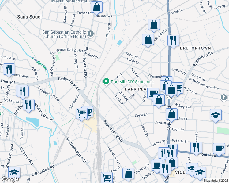 map of restaurants, bars, coffee shops, grocery stores, and more near 12 B Street in Greenville