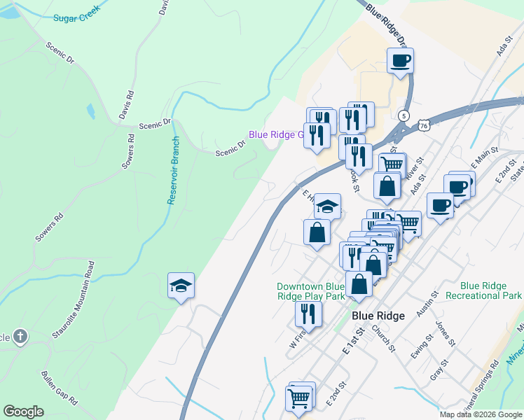 map of restaurants, bars, coffee shops, grocery stores, and more near 147 West Highland Street in Blue Ridge