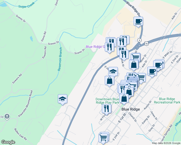 map of restaurants, bars, coffee shops, grocery stores, and more near 147 West Highland Street in Blue Ridge