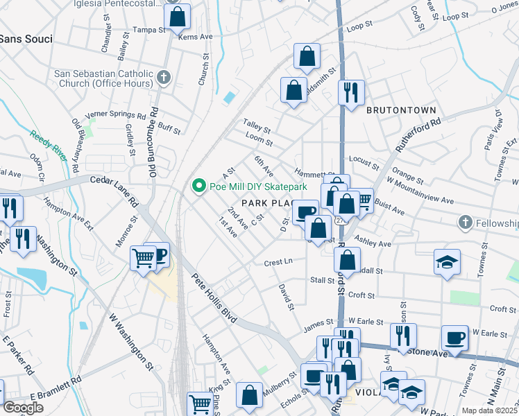 map of restaurants, bars, coffee shops, grocery stores, and more near 225 3rd Avenue in Greenville