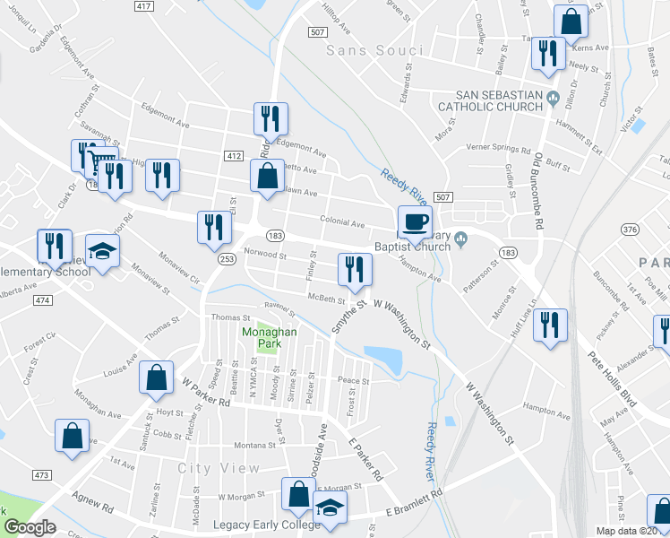map of restaurants, bars, coffee shops, grocery stores, and more near 10 Donaldson Street in Greenville
