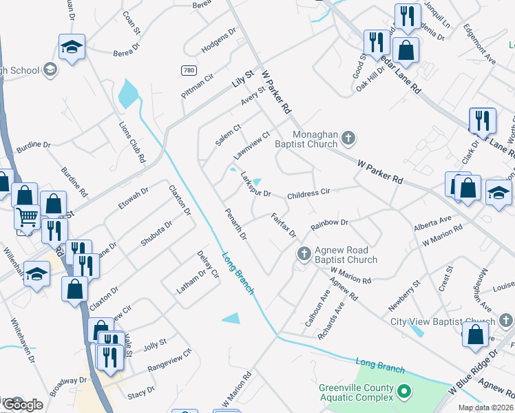 map of restaurants, bars, coffee shops, grocery stores, and more near 101 Fairfax Drive in Greenville