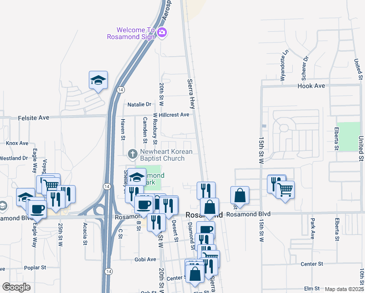 map of restaurants, bars, coffee shops, grocery stores, and more near 3303 Sierra Highway in Rosamond