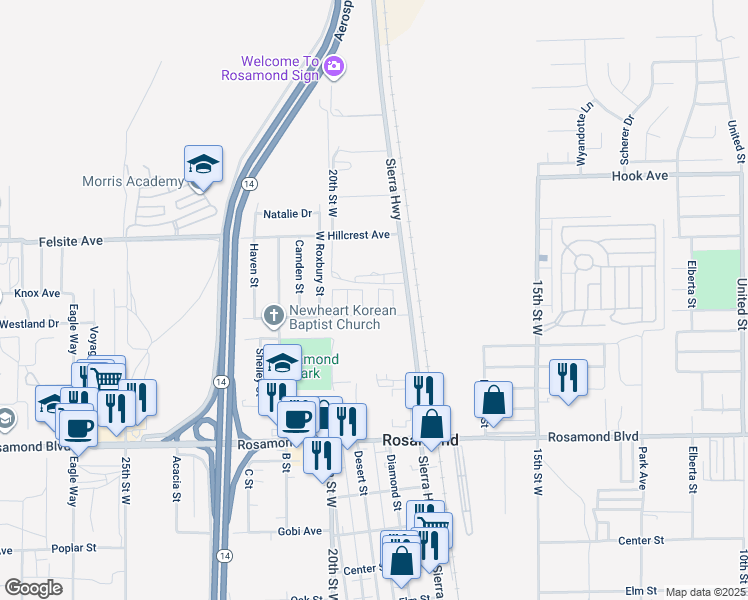 map of restaurants, bars, coffee shops, grocery stores, and more near 3303 Sierra Highway in Rosamond