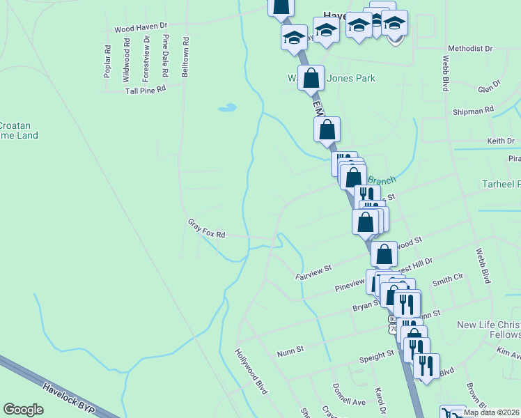 map of restaurants, bars, coffee shops, grocery stores, and more near 5 Dobbs Circle in Havelock