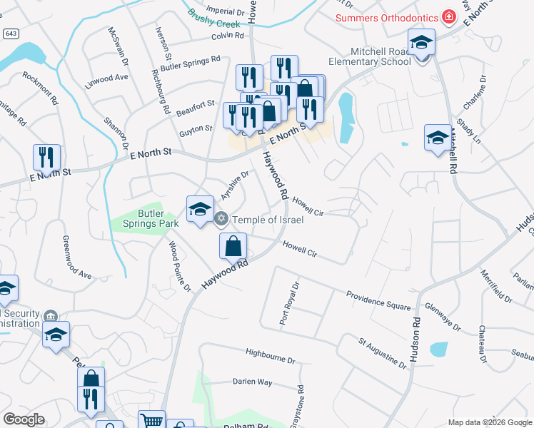 map of restaurants, bars, coffee shops, grocery stores, and more near 10 Setfair Lane in Greenville