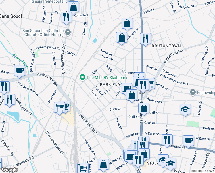 map of restaurants, bars, coffee shops, grocery stores, and more near 225 3rd Avenue in Greenville