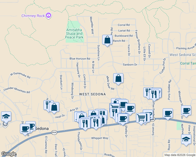 map of restaurants, bars, coffee shops, grocery stores, and more near 15 Cliff View Court in Sedona