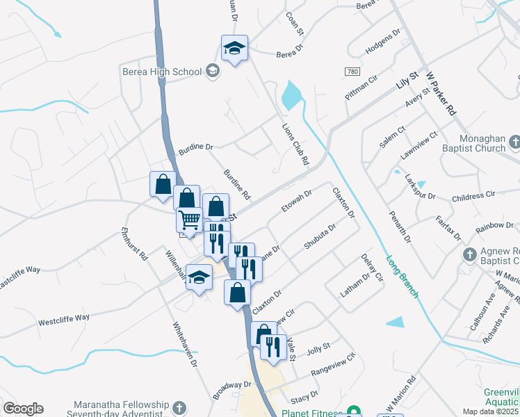 map of restaurants, bars, coffee shops, grocery stores, and more near 423 Lily Street in Greenville