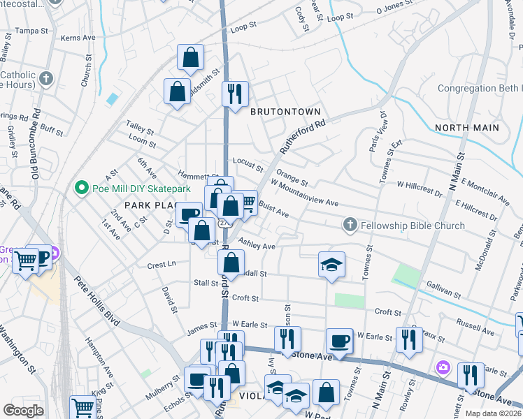 map of restaurants, bars, coffee shops, grocery stores, and more near 227 Buist Avenue in Greenville