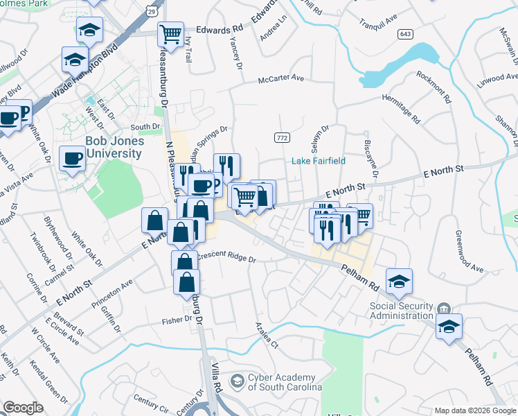 map of restaurants, bars, coffee shops, grocery stores, and more near 2518 East North Street in Greenville