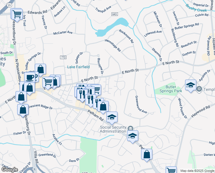 map of restaurants, bars, coffee shops, grocery stores, and more near 2900 East North Street in Greenville