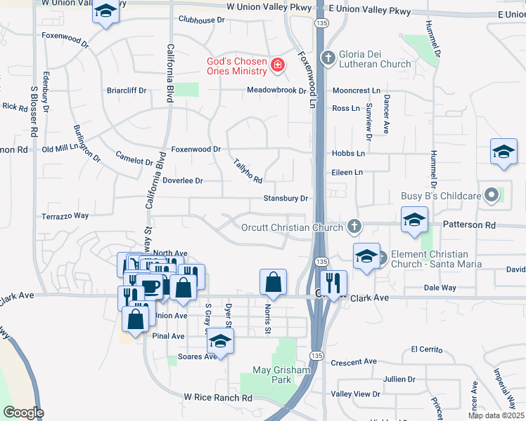 map of restaurants, bars, coffee shops, grocery stores, and more near 322 Cain Drive in Santa Maria